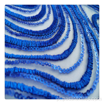 tecido de bordado de laca de lantejoulas de venda quente para vestido dourado e tecido de laca de renda azul real